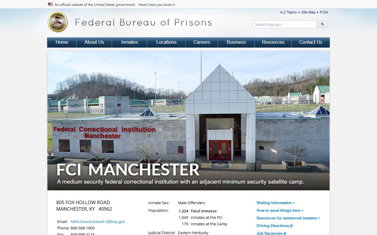 Federal Correctional Institution Manchester inmate search BOP facility page